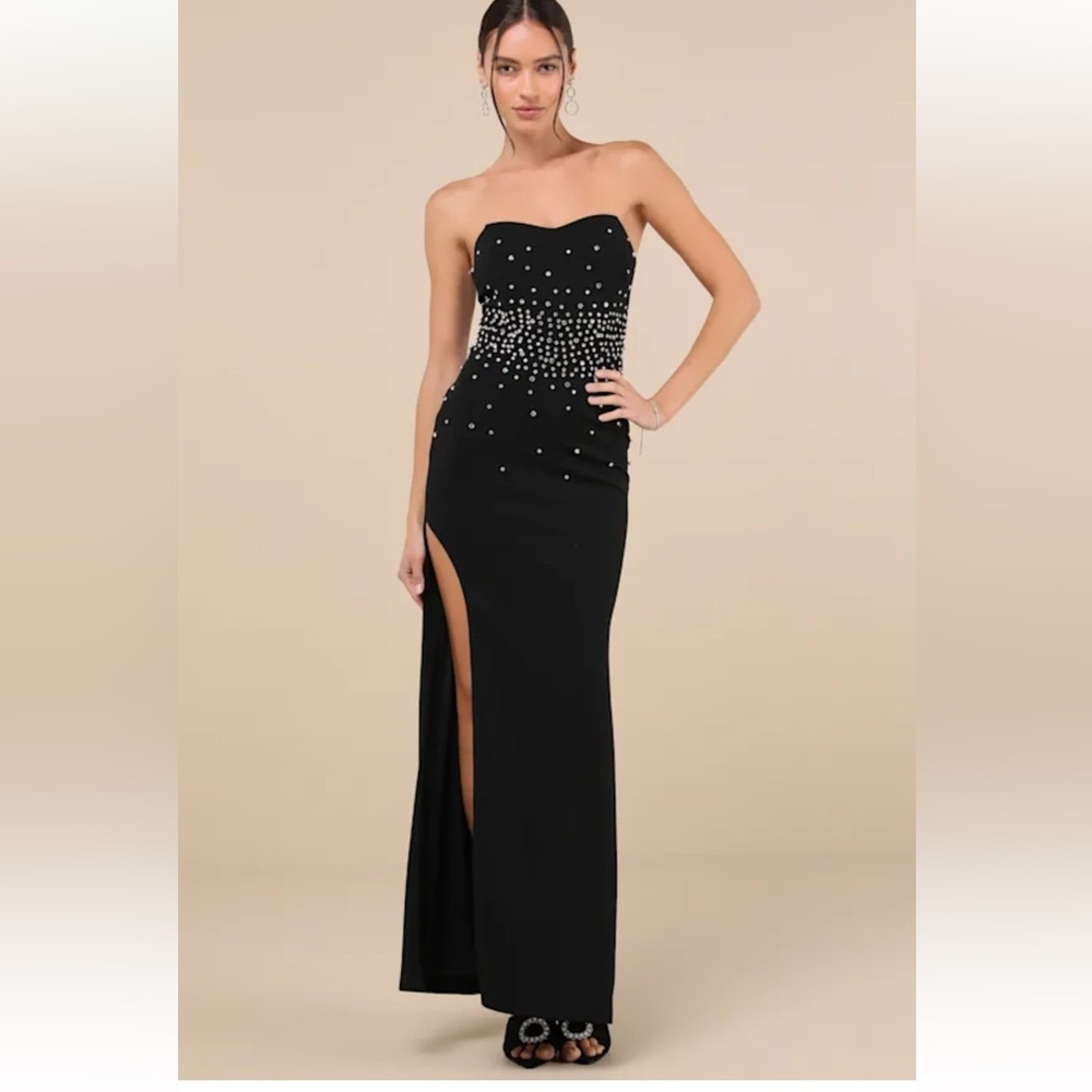 Opulent Muse Black Rhinestone Strapless Bustier Maxi Dress
